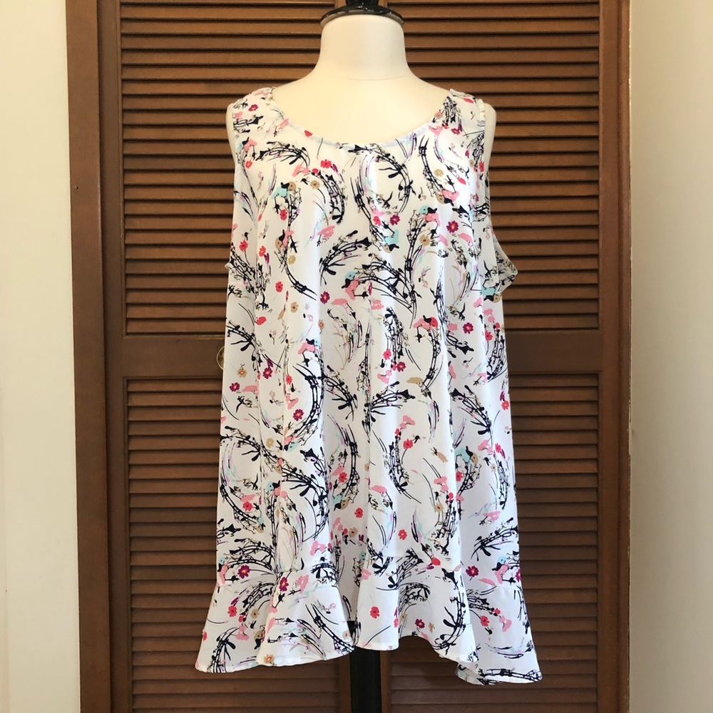 Lane Bryant White Tank Top with Pink and Black Floral Design